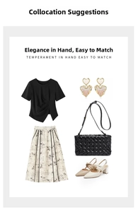 Flat lay of a black woven leather shoulder bag styled with a floral skirt and chic heels