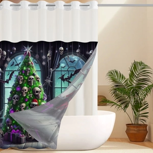 Waterproof polyester shower curtain with gothic skull Christmas tree and metal rings