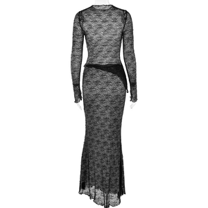 Detail of sheer black floral lace long sleeve dress showing back view and fine texture