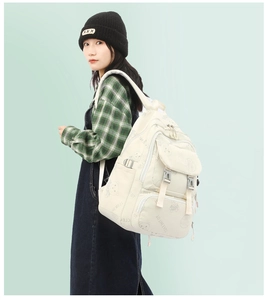 Close-up of nylon backpack with cute teddy bear prints and buckle pocket detail