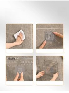 Step-by-step wall installation guide for transparent PET adhesive storage organizer
