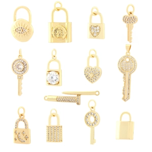 Gold heart lock and key charms with evil eye zircon inlays for DIY jewelry making