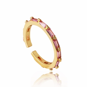 Adjustable 18K gold plated ring featuring baguette-cut pink zircons on a white background