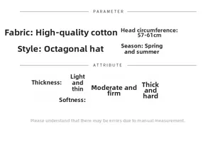Detailed chart showing octagonal cap parameters including cotton fabric and size 57-61cm