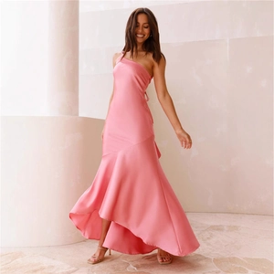 Pink one-shoulder satin dress with asymmetrical neckline and high-low fishtail hemline