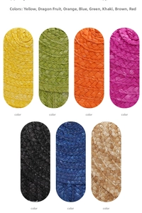 Texture detail of woven straw cosmetic bags showing seven vibrant color options