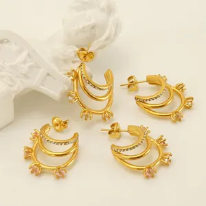 C-Shaped Multi Layer Hoop Earrings 18K Gold Plated Stainless Steel Micro Paved Zircon French Retro Style Elegant Jewelry
