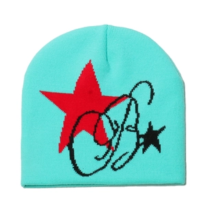 Detailed knit texture of mint green beanie with red star and black script embroidery