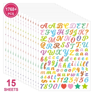 Set of 15 sheets containing 1768+ colorful waterproof alphabet and number stickers for DIY crafts
