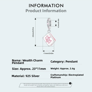 Detail showing 925 silver fortune charm dimensions and pink zircon stone settings