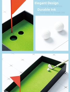 Detail view of mini golf club pen set with green putting turf and tiny white balls