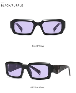 Front- und Seitenansicht der Retro-Rechteck-Sonnenbrille mit Bügeln in Marmor-Optik