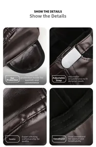 Detail view of winter leather flat cap with foldable earflaps and adjustable metal buckle