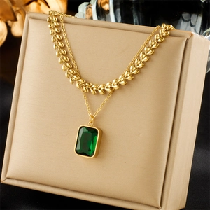 Stainless Steel Layered Necklace With Green Emerald Cut Gemstone Pendant Gold Wheat Leaf Chain Retro Luxury Jewelry Women