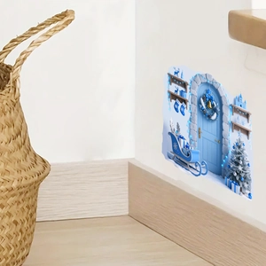 Detailed 3D Christmas scene wall decal with blue door, reindeer and sleigh motifs