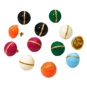 Minimalist round enamel earrings with gold chain detail in various vibrant colors