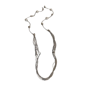 Elegant silver multi-layer pearl necklace featuring delicate metal fringe on white background