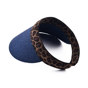 Detailed view of leopard print headband and woven blue straw brim on sun visor hat
