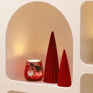 Red flocked ceramic Christmas tree set with festive glass candle holder for home decor
