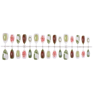 Green polka dot and floral press-on nails set with 3D flower relief and gold accents