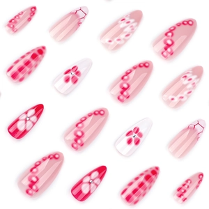 Short almond press-on nails set with pink floral patterns and red checkered designs