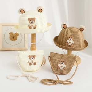 Children's straw sun hat and matching bag set with cute bear ears and embroidery