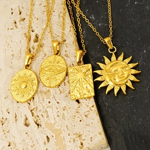Vintage 18K gold plated stainless steel sun and moon necklaces with mystical patterns