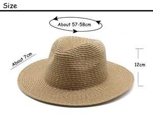 Detailed size specifications for woven straw fedora hat with sequin accents for women
