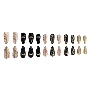 Luxury dark gold fluid almond press-on nails set with black gold foil marble texture