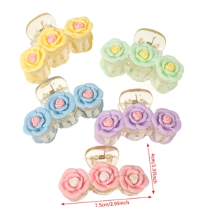Detailed dimensions of camellia flower hair claws in five colors with size annotations