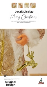 Detail of rose gold sequin Christmas Santa doll with gold reindeer and pearl buttons
