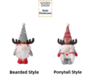 Detail view of standing Christmas gnomes with grey polka dot and red knit patterned hats