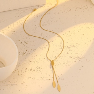 Vintage gold stainless steel Y-necklace with three elegant leaf-shaped pendants for women