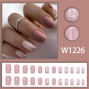 Pink macaron press-on nails with silver glitter edges and French hollow design, 24 pieces