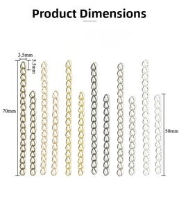 Size chart for 3.5mm by 5.5mm metal extension chains in multiple finishes and lengths