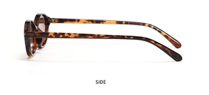 Detail view of oval tortoise shell sunglasses showing frame texture and temple specs