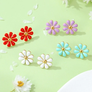 Daisy Flower Stud Earrings Stainless Steel Enamel Drip Oil 18K Gold Plated Fresh Sweet Floral Jewelry For Women