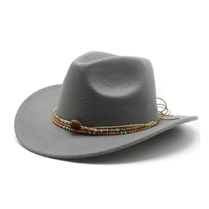 Detail of beaded band and brown leather cord on a grey felt Western cowboy hat