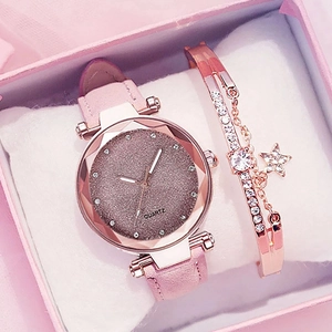Women Quartz Watch And Star Bracelet Rhinestone Starry Sky Dial Cutting Glass Alloy Case Faux Leather Strap Fashion