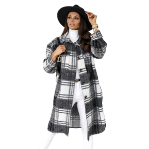 Classic black and white plaid long wool coat with button-down lapel for a stylish winter look
