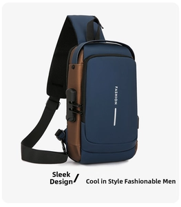 Detail of blue crossbody bag featuring a digital lock and vertical FASHION logo