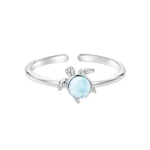 Adjustable S925 sterling silver ring with blue gemstone sea turtle design on white background
