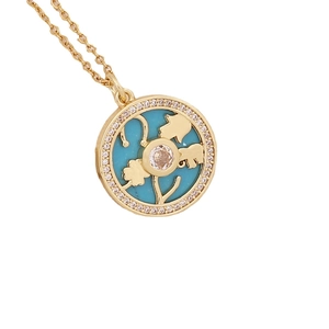 18K gold plated necklace featuring a circular clover pendant with turquoise inlay and zircons
