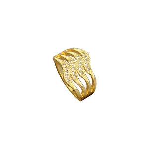 Gold-plated four-layer wave ring with cubic zirconia stones and adjustable open band