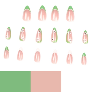 French green flower press-on nails with white daisy pattern and almond shape design