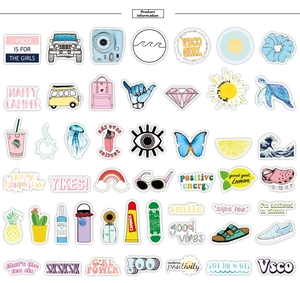 Close-up of 50 waterproof PVC VSCO girl stickers with vibrant colorful aesthetic designs
