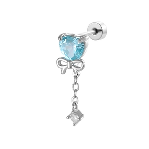 Silver bow cartilage stud with light blue heart zircon and dangling chain tassel