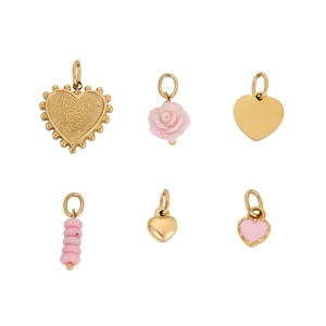 Selection of six gold-plated heart and flower charms with pink enamel details