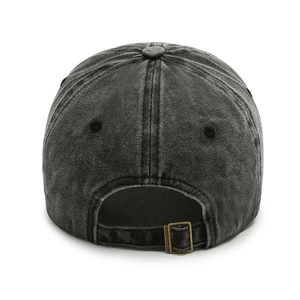 Vintage charcoal grey washed denim baseball cap with adjustable metal back buckle