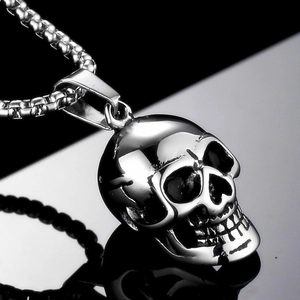 Gothic silver skull pendant necklace with polished metal finish and sturdy box chain link